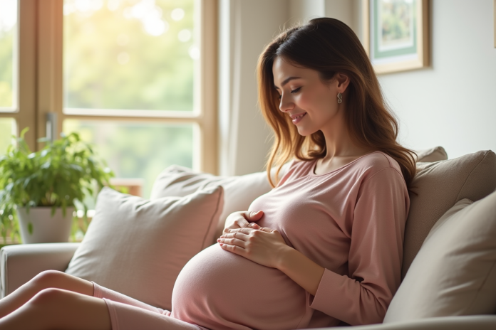 Femme enceinte souriante dans le salon lumineux