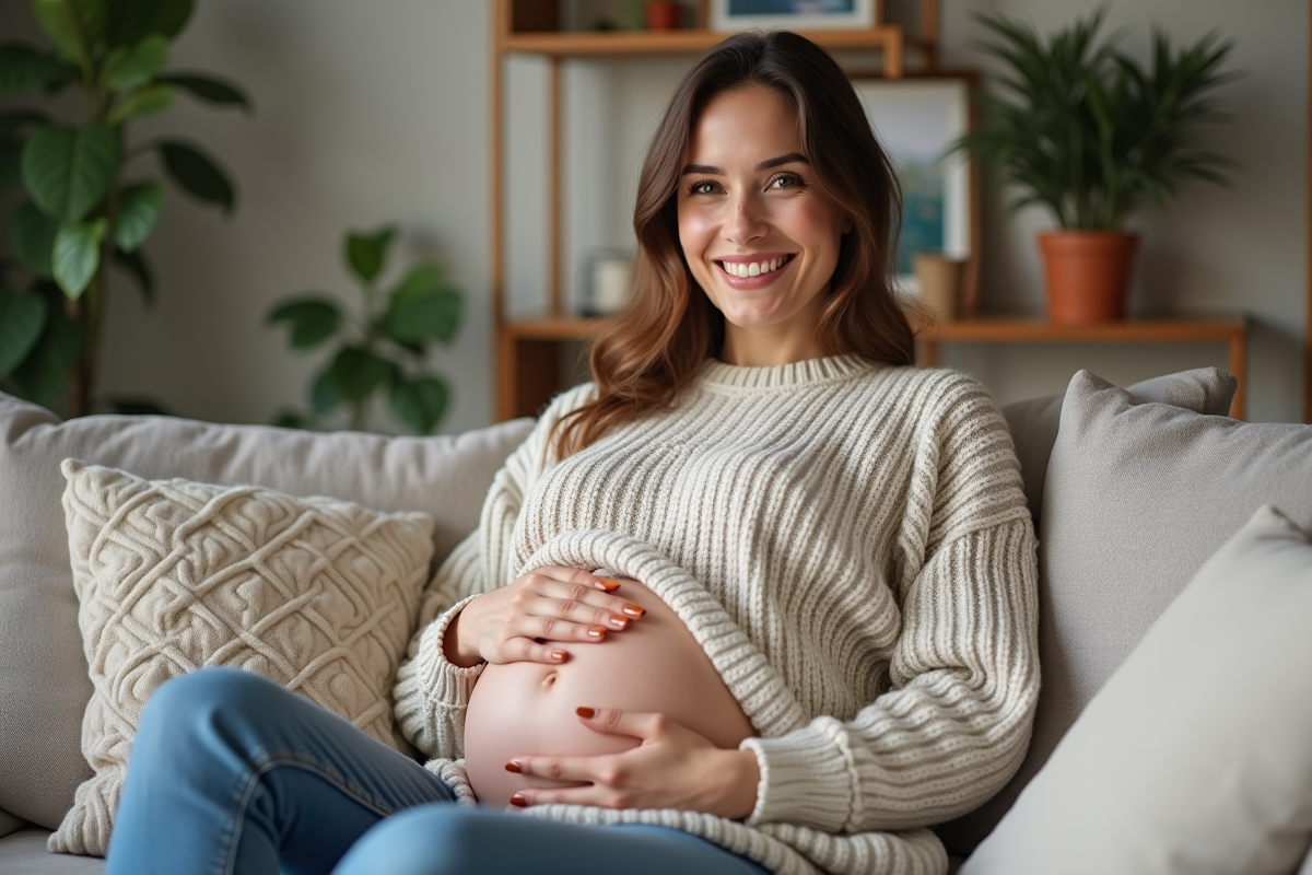Femme enceinte souriante dans un salon chaleureux