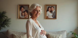 Femme enceinte élégante dans un salon chaleureux