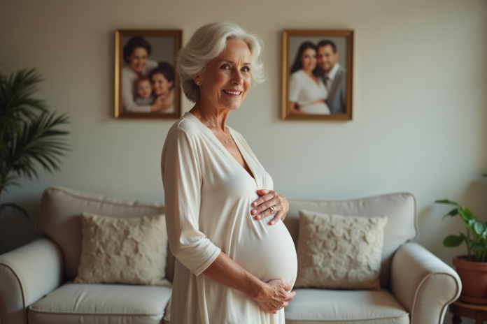 Femme enceinte élégante dans un salon chaleureux