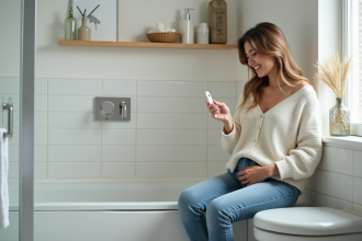 Femme enceinte souriante tenant un test de grossesse dans la salle de bain
