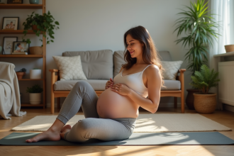 Femme enceinte en yoga dans un salon chaleureux