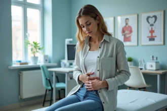 Femme en consultation médicale touchant son côté droit
