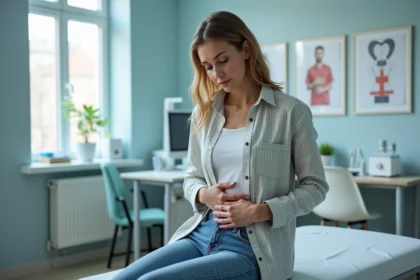 Femme en consultation médicale touchant son côté droit