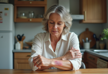 Infection cutanée à staphylocoques : la plus grave à connaitre pour votre santé Femme examinant une tache rouge sur son bras