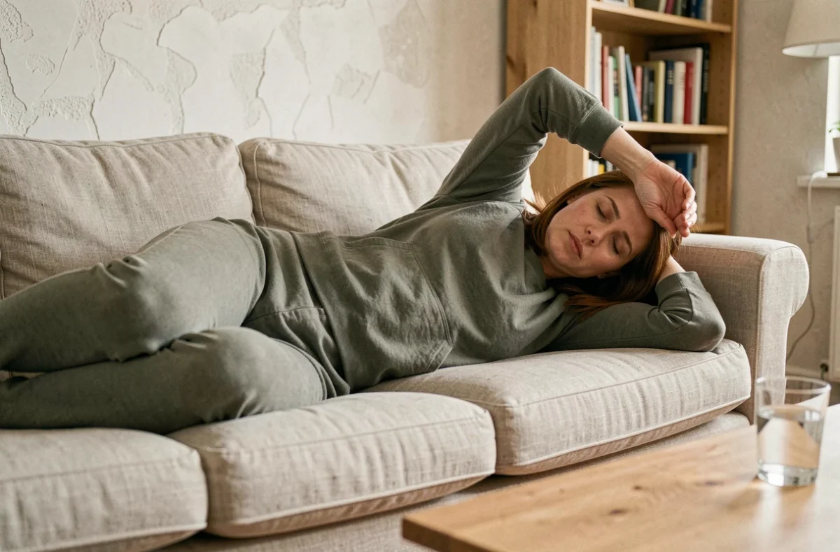Femme de 43 ans allongée sur un canapé épuisée en milieu de journée, illustrant la fatigue chronique après 40 ans