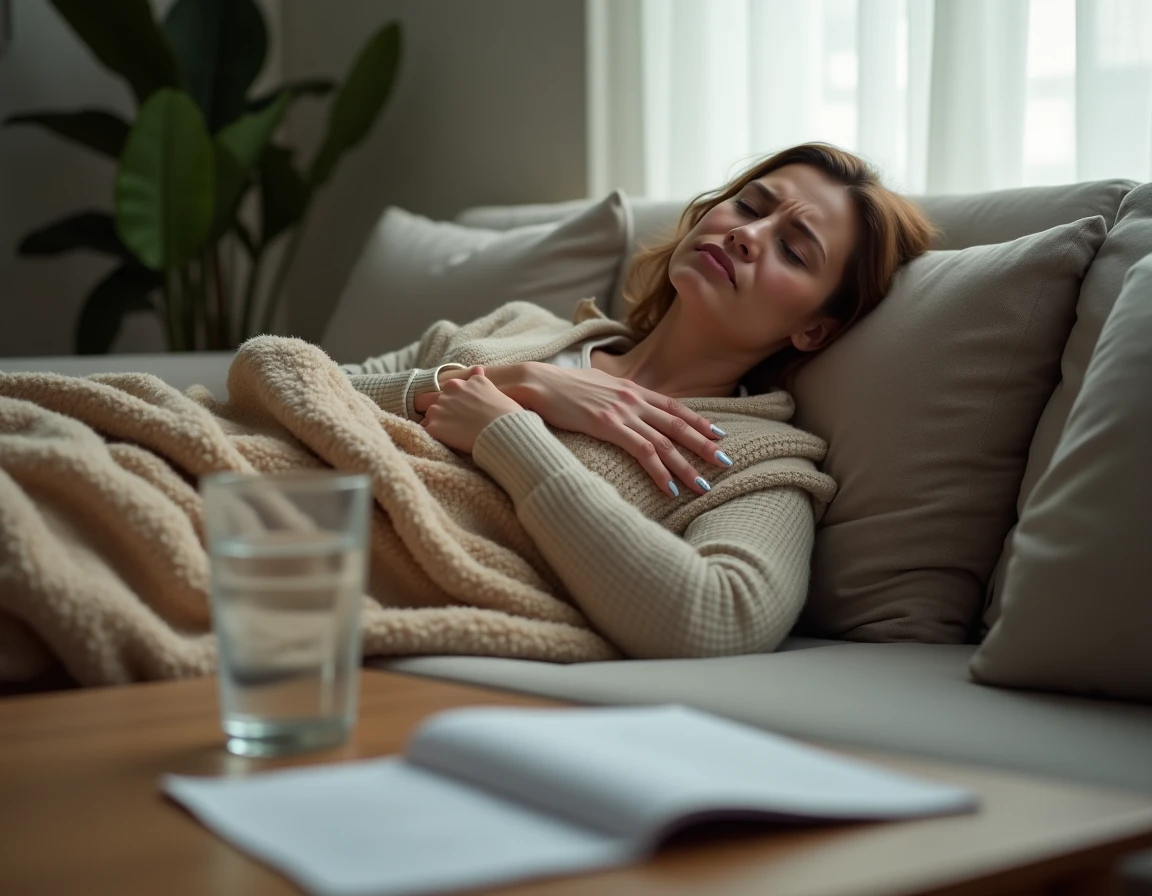 Femme allongée sur un canapé ressentant douleur thoracique et fatigue chronique, symptômes associés au stress et aux D-dimères élevés