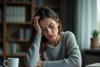 Femme fatiguée au bureau à domicile exprimant stress et épuisement, illustrant les symptômes liés aux D-dimères élevés