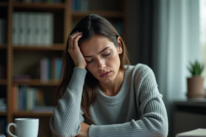Femme fatiguée au bureau à domicile exprimant stress et épuisement, illustrant les symptômes liés aux D-dimères élevés