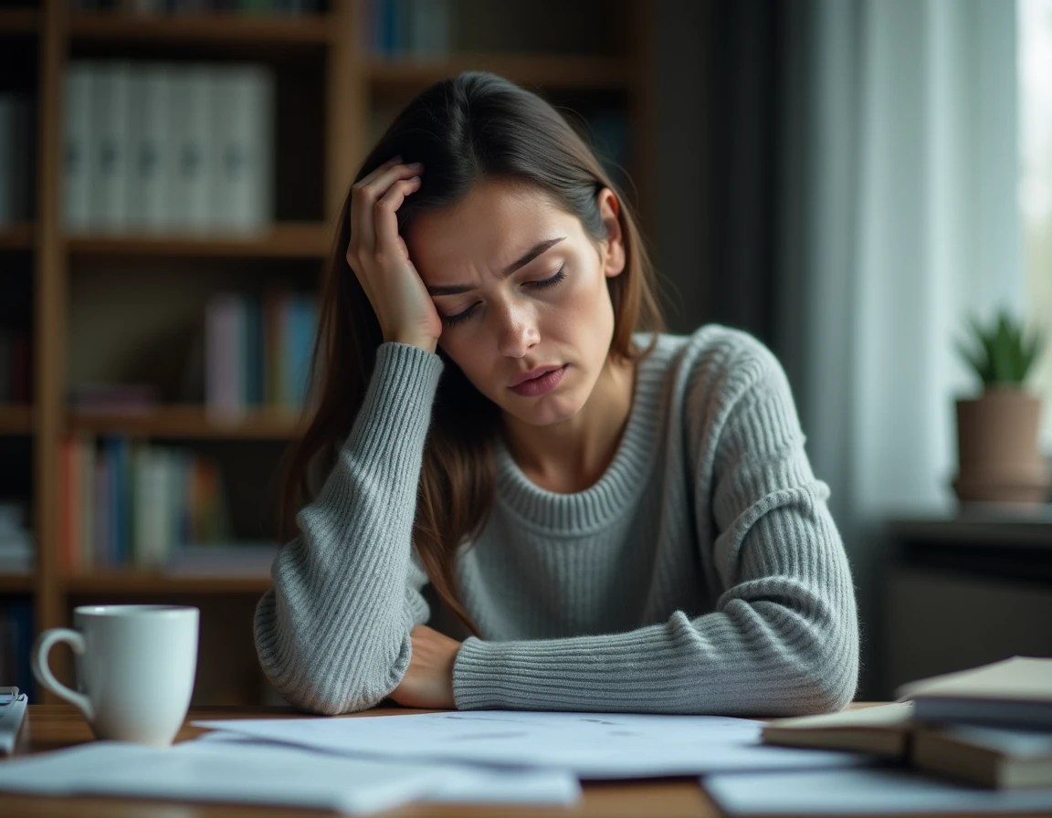 Femme fatiguée au bureau à domicile exprimant stress et épuisement, illustrant les symptômes liés aux D-dimères élevés