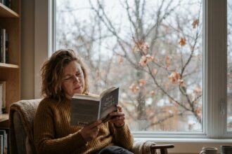 Femme fatiguée des yeux en automne lisant près d'une fenêtre par temps couvert, illustrant les effets de la baisse de luminosité sur la vue