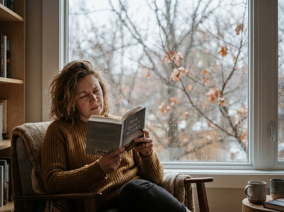 Femme fatiguée des yeux en automne lisant près d'une fenêtre par temps couvert, illustrant les effets de la baisse de luminosité sur la vue