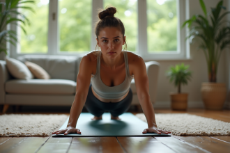 Femme en plank dans un intérieur moderne lumineux