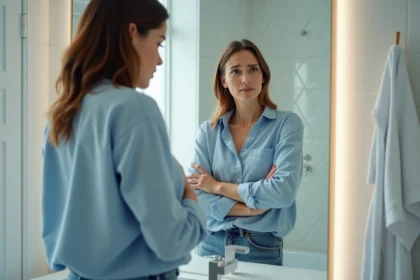 Femme inquiète examine son aisselle dans le miroir