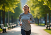 Femme en jogging dans un parc urbain verdoyant