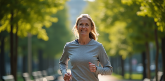 Femme en jogging dans un parc urbain verdoyant