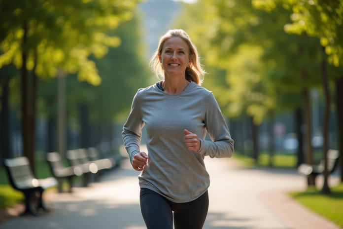 femme-jogging-parc Femme en jogging dans un parc urbain verdoyant