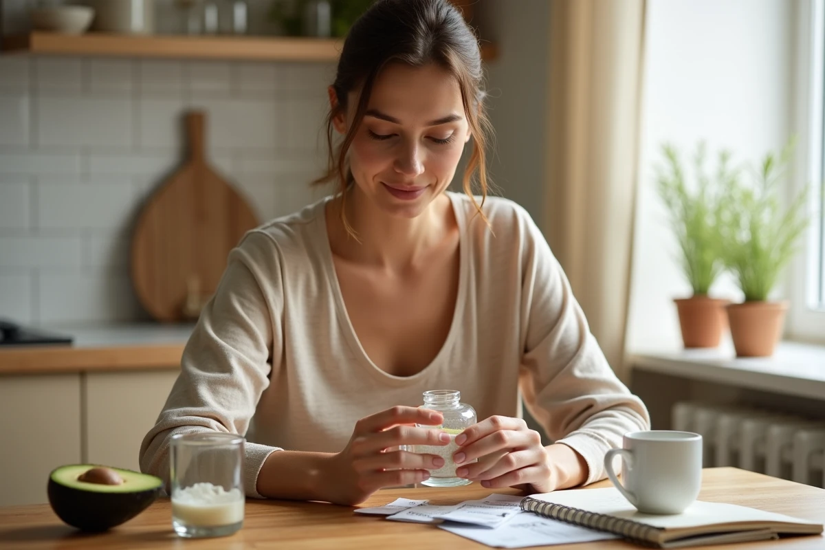 Femme mature lisant l'étiquette d'un complément pour la peau à sa table de cuisine entourée de produits de bien-être