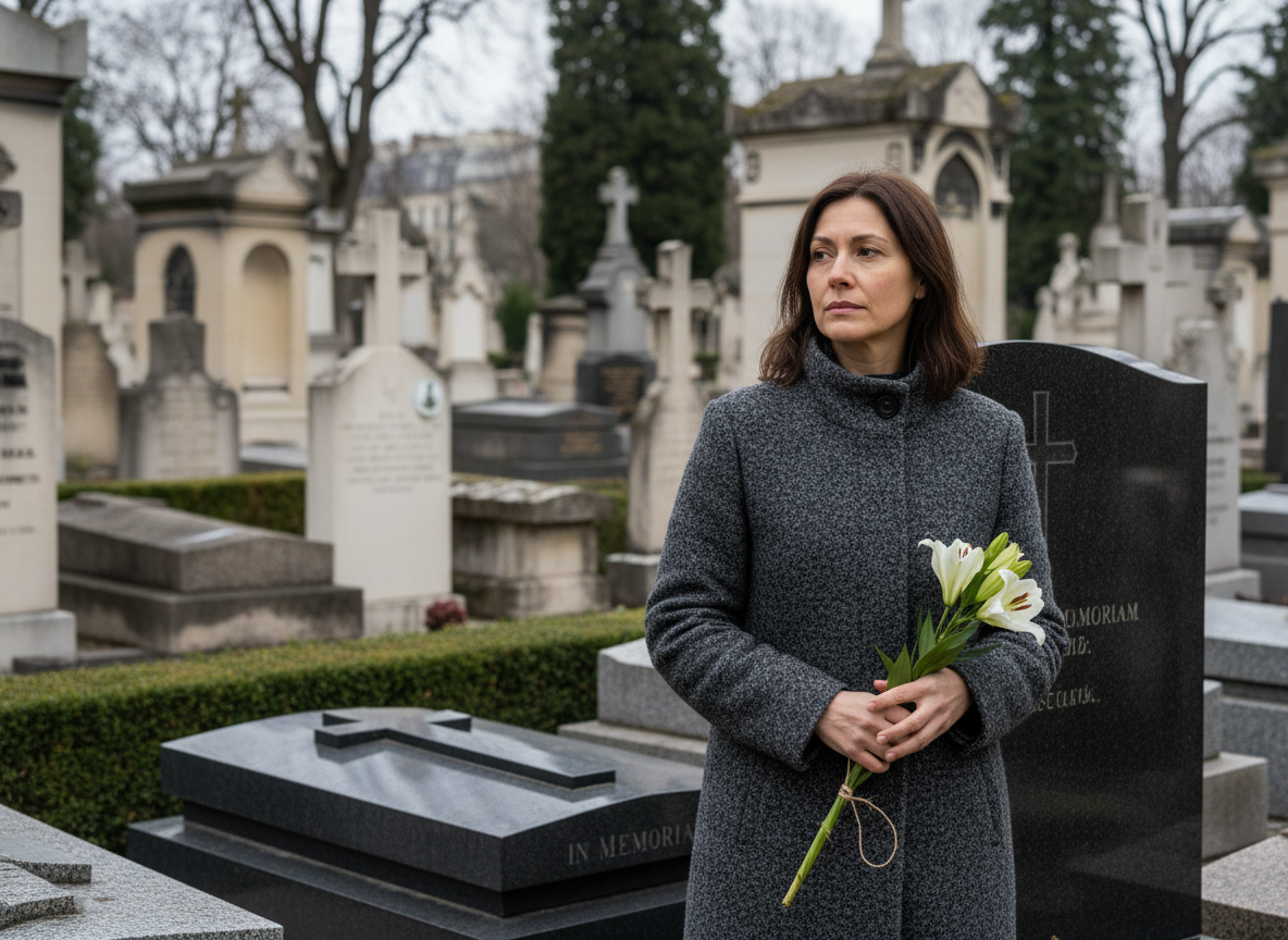 Femme avec bouquet de lys dans un cimetière parisien