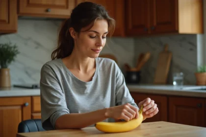 Femme mangeant une banane le soir dans sa cuisine, conseils nutrition pour ne pas grossir