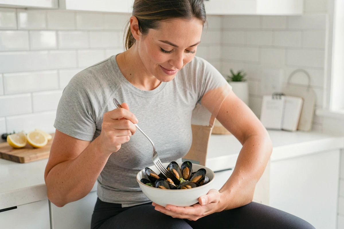 Femme en tenue sportive mangeant des moules dans une cuisine moderne, alimentation saine et riche en protéines pour soutenir la perte de poids