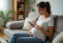 Femme enceinte souriante assise sur un canapé dans un salon chaleureux