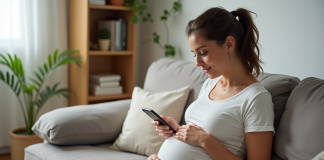 Un an après l’accouchement, ventre encore gonflé : témoignages et astuces de mamans Femme enceinte souriante assise sur un canapé dans un salon chaleureux