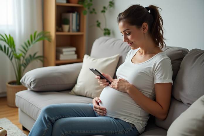femme-maternite-confortable-salon Femme enceinte souriante assise sur un canapé dans un salon chaleureux