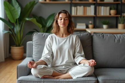 Femme en méditation dans un salon cosy et lumineux