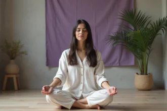 Femme en méditation pressant sa tempe gauche dans un espace minimaliste spirituel, évoquant la signification spirituelle du mal de tête côté gauche