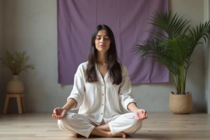 Femme en méditation pressant sa tempe gauche dans un espace minimaliste spirituel, évoquant la signification spirituelle du mal de tête côté gauche