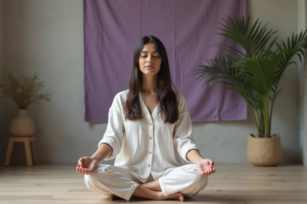 Femme en méditation pressant sa tempe gauche dans un espace minimaliste spirituel, évoquant la signification spirituelle du mal de tête côté gauche