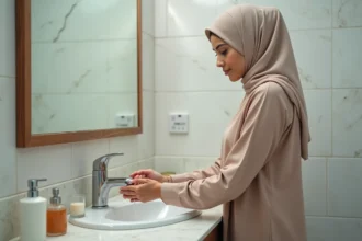 Femme musulmane se lave les bras dans une salle de bain lumineuse