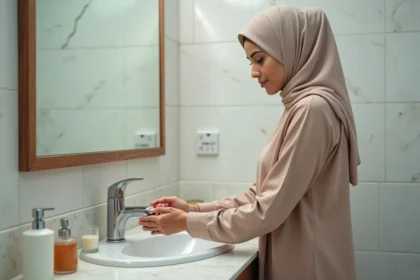 Femme musulmane se lave les bras dans une salle de bain lumineuse