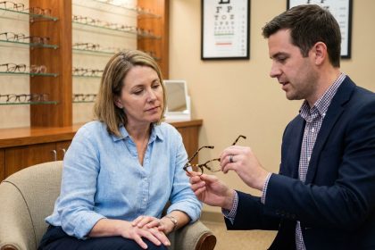 Femme d'âge moyen en consultation chez l'opticien