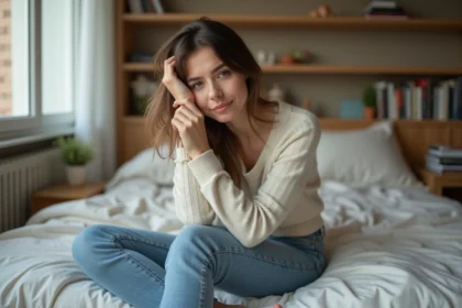Femme pensive assise sur le lit dans une chambre chaleureuse