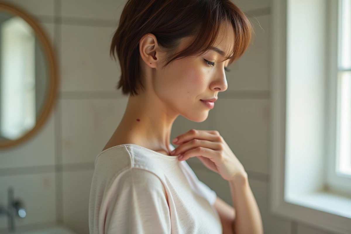 Femme de 50 ans touchant son cou avec des taches de peau