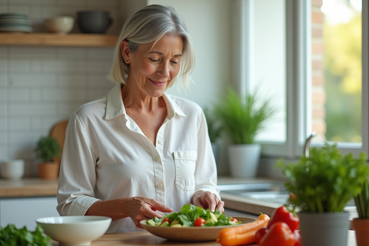 Femme préparant une salade dans une cuisine lumineuse