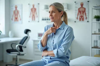 Femme d'âge moyen touchant son épaule dans un cabinet médical