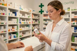 Femme examinant une boîte de probiotiques au comptoir d'une pharmacie moderne