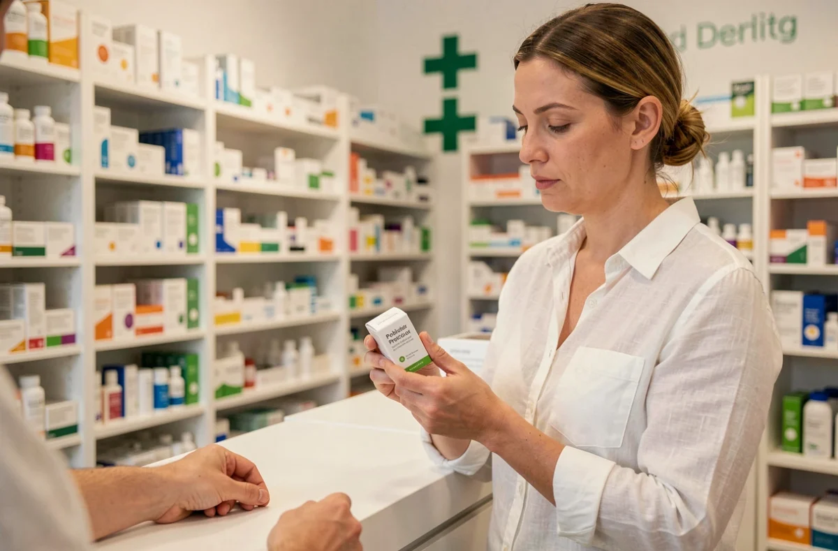 Femme examinant une boîte de probiotiques au comptoir d'une pharmacie moderne