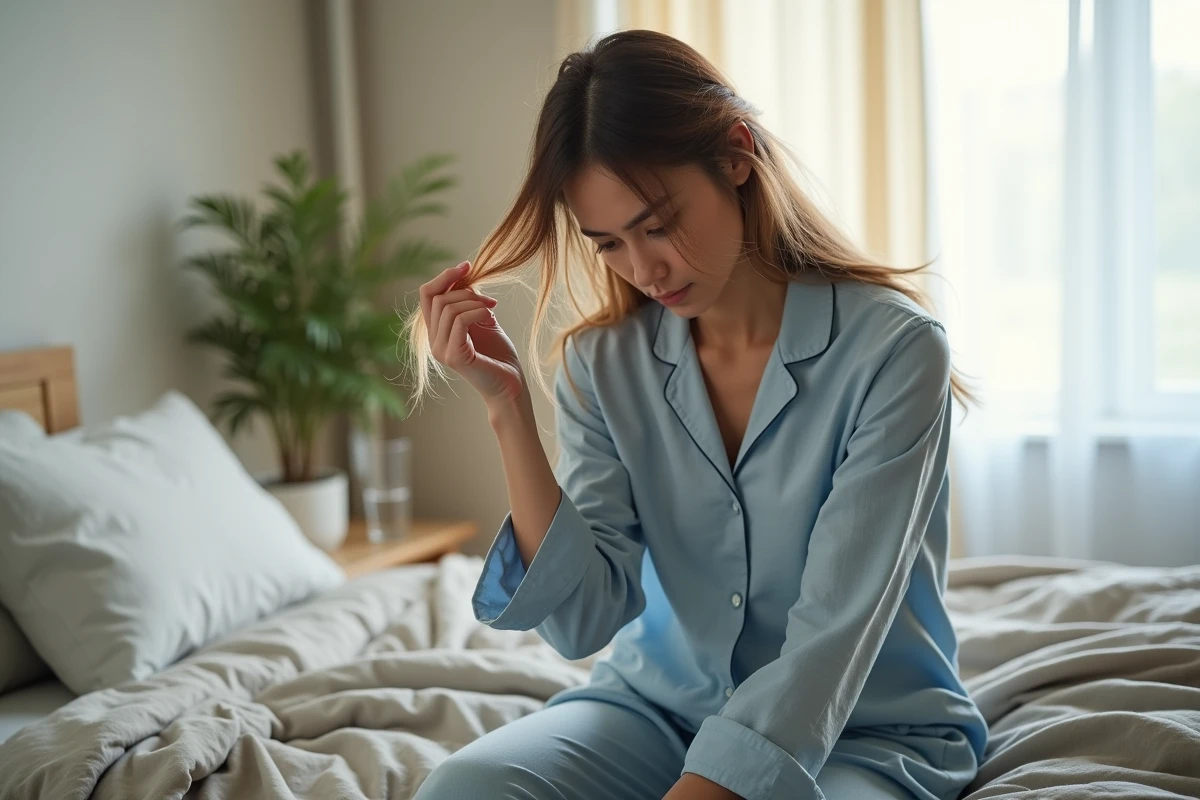 Femme en pyjama examinant ses cheveux qui tombent dans sa chambre, moment d'inquiétude lié au stress chronique