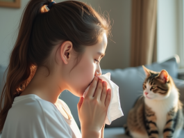 Comment distinguer les symptômes d’une allergie au chat de ceux d’un simple rhume ? Jeune femme qui éternue avec un tissu dans un salon lumineux