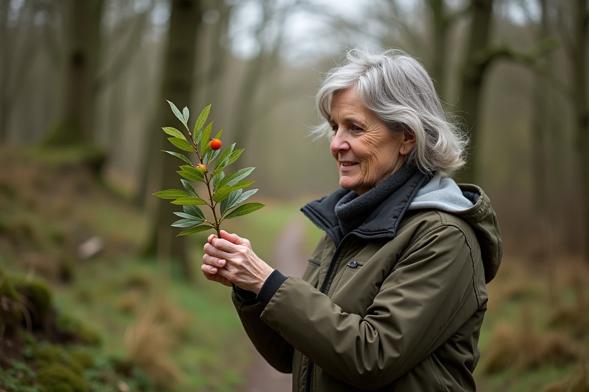 Femme en randonnée examinant une branche de prunellier