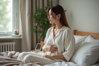Femme assise sur le lit dans une chambre paisible