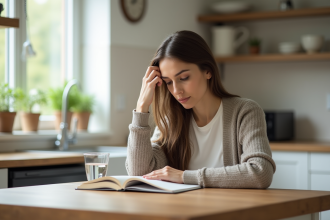 Femme pensive dans une cuisine lumineuse et minimaliste