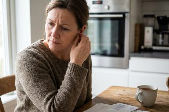 Femme réfléchie en cuisine avec papier et thé