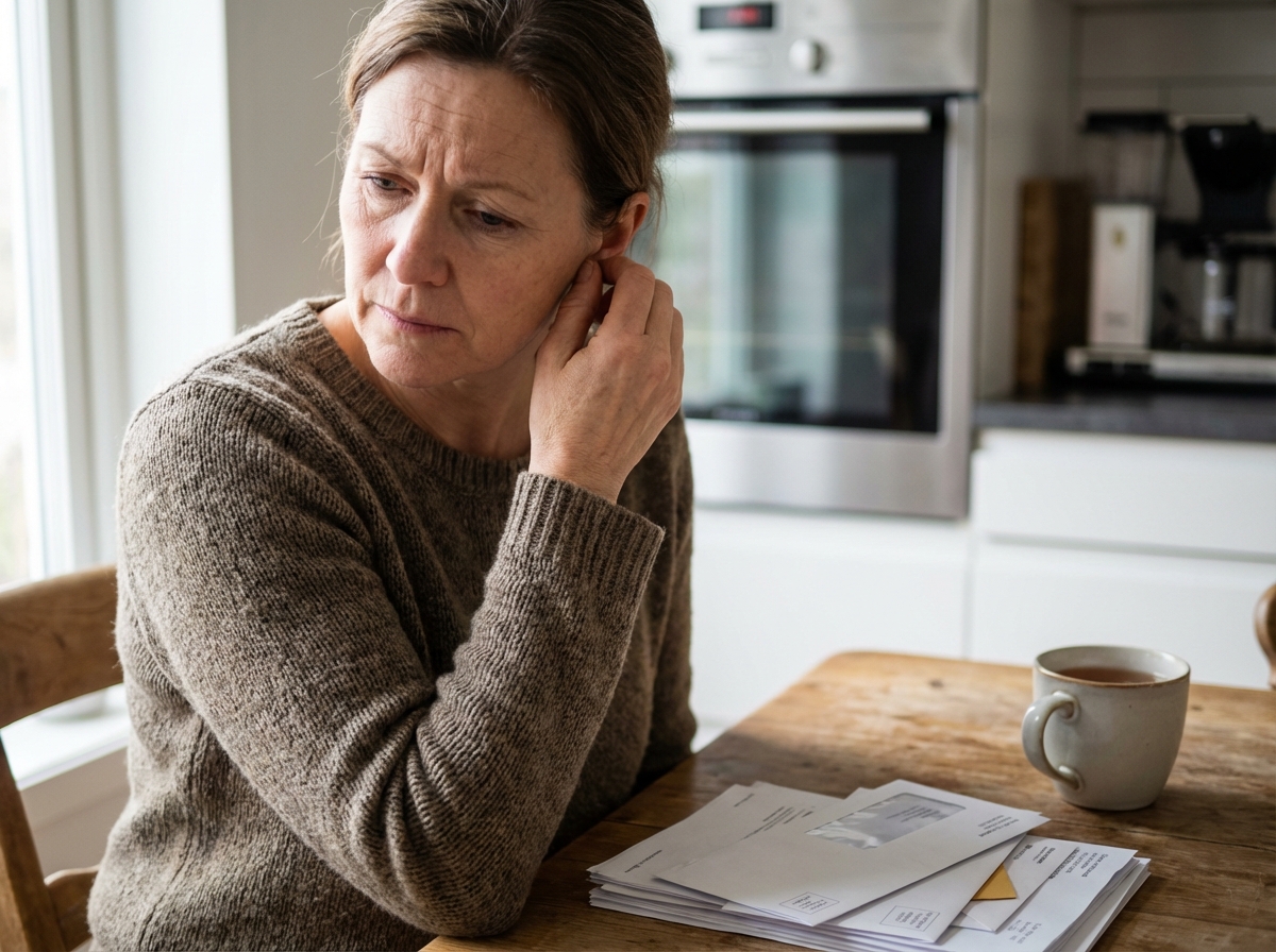 Femme réfléchie en cuisine avec papier et thé