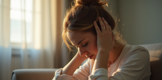 Femme pensante assise sur un sofa lumineux