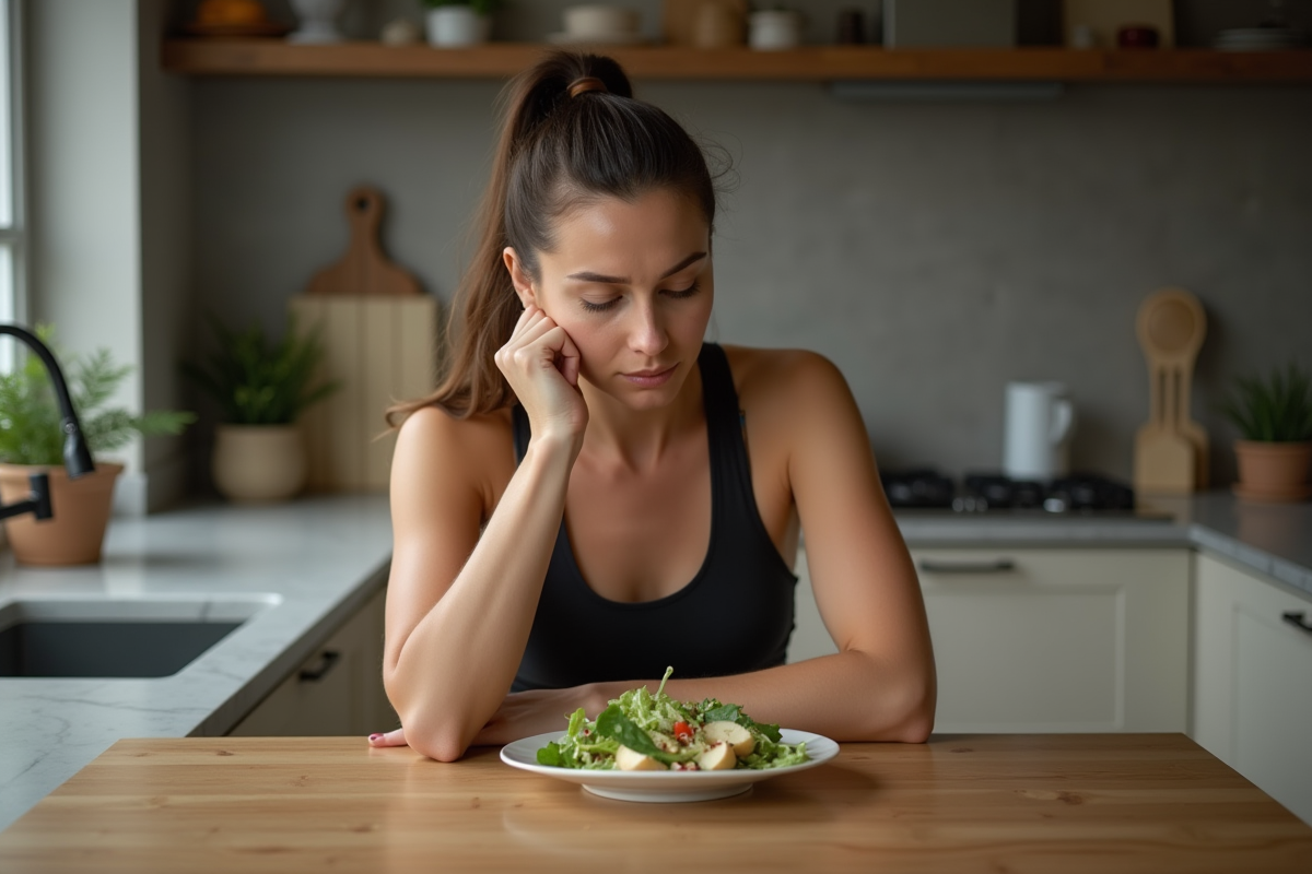 Femme pensant à son repas dans une cuisine chaleureuse